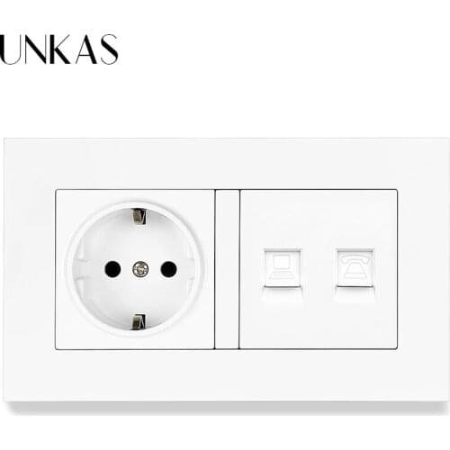 UNKAS PC Plastic Panel 16A EU Standard Socket + RJ11 Telephone Jack And RJ45 Internet Computer Port 146MM*86MM 2 Gang Outlet