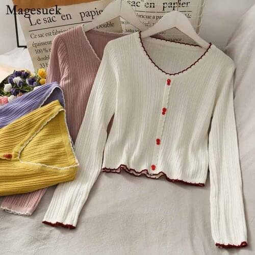 V-neck Korean Sweet Chic Button Slim Cotton Sweater Autumn Sweater Women Long Sleeve French Vintage Office Lady Clothes 12273