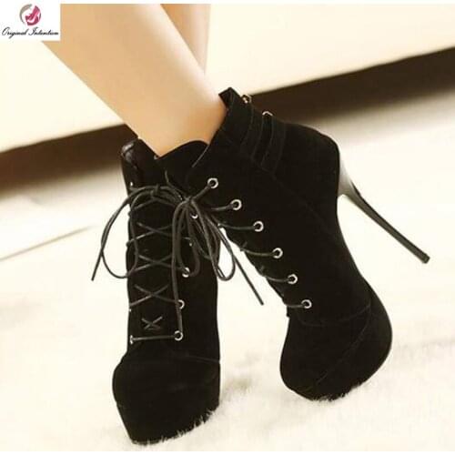 Original Intention New Black Chic Ankle Boots Woman Platform Thin High Heels Cross-tied Fashion Short Boots Female Plus Size