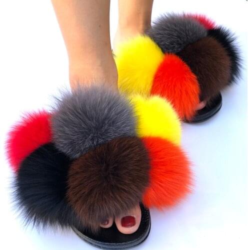 Ladies Cute Rainbow Fur Shoes Womens Fur Slippers Fox Fur Flip Flop Flat Fluffy Fur Ball Sandals Female Furry Pom Pom Slides