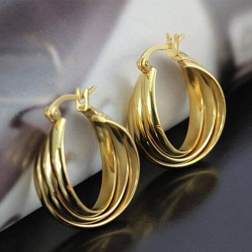 Stainless Steel Three Circle Hoop Earring Gold Color Fashion Jewelry Women Gift Party