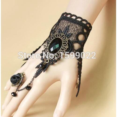 Handmade Baroque Bracelet Gothic Black Lace Wristband with Ring Antique Bronze Rinestone Ornament Queen Women Hand Jewelry