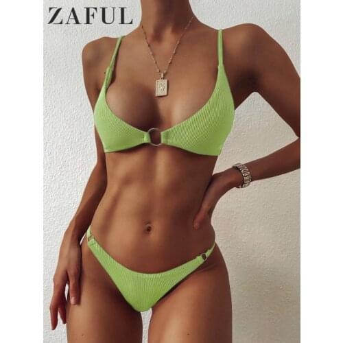 ZAFUL Ribbed O-ring String Bikinis Set Swimsuit Sexy Padded Women Swimwear Female Swimming 2pcs Brazilian Beach Bathing Suit