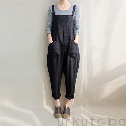 Retro Women Ladies Baggy Trendy Bib Full Length Casual Loose Linen Dungaree Overall Solid Loose Causal Jumpsuit Pants Summer Hot