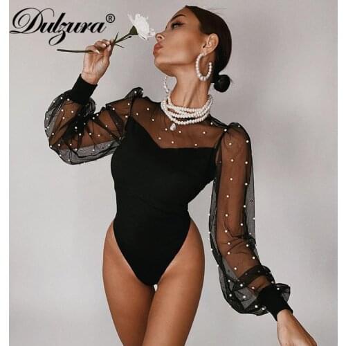 Dulzura Pearl Patchwork Mesh Lantern Sleeve Bodysuit O Neck Bodycon Sexy Streetwear Party Elegant 2020 Autumn Winter Club Body