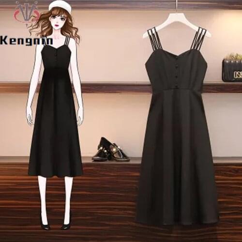 2021 Summer Womens Dress French Style Sexy Sleeve Spaghetti Straps Zipper Loose Oversized Black Dress Lady Vestidos KE1442
