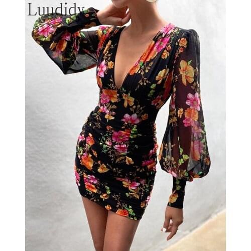 Women Sexy Puff Lantern Sleeve Plunge Floral Print Dress
