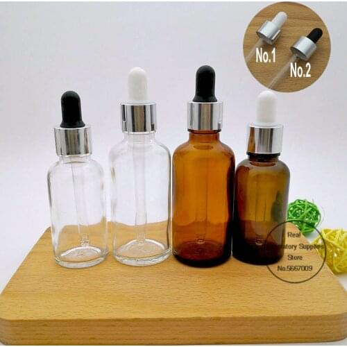 10pcs/lot 5ml to 50ml lab clear round glass Refined oil bottle with glass droppers silver circle for school experiment