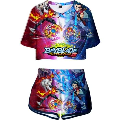 Beyblade Burst Evolution 3d Printed Two Piece Set Summer Sexy Cotton T shirt Woman Shorts and Crop Top Fashion Tracksuit