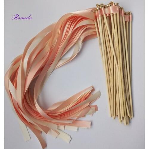 Hot Selling 50pcs/lot coral wedding ribbon wands with gold bell for wedding decoration