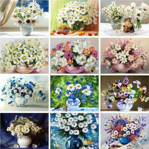 Huacan 5d DIY Diamond Painting Full Square Daisy Cornflower Diamond Embroidery Beads Sets Mosaic Flower Vase Rhinestone Picture