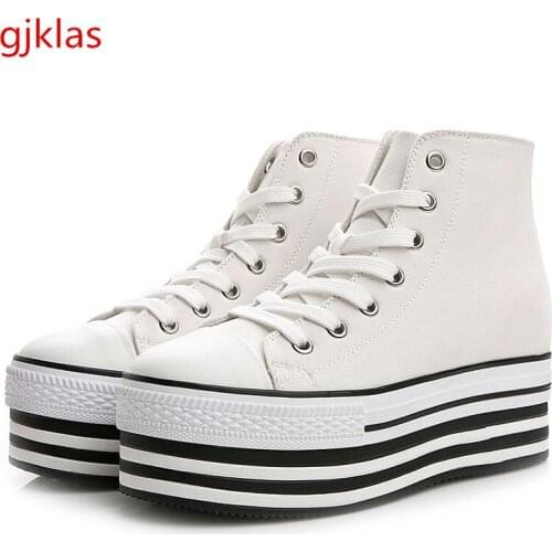 High Top Wedges Shoes for Women Platform Sneakers Canvas Hidden Heel Casuales Female Shoes Platforms Black White Sneaker Heels