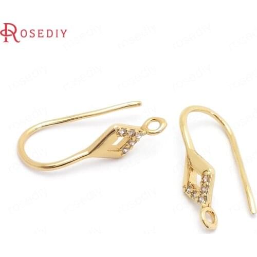 37846)10PCS Height 20MM 24K Gold Color Brass and Zircon Rhombus Earrings Hooks Jewelry Making Supplies Diy Findings Accessories