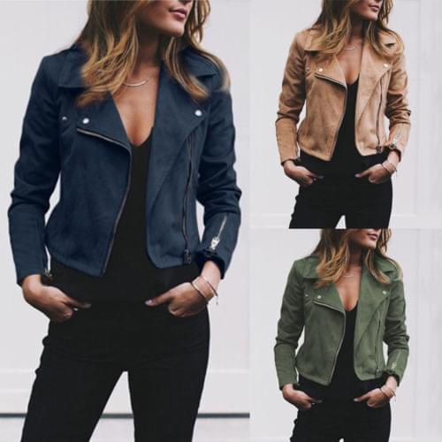 Womens Ladies Flannel New Jacket Coats Zip Up Biker Flight Casual Tops Clothes Fashion Long Sleeve Jacket with Zipper Pocket