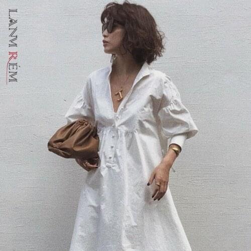 LANMREM white Korean style 2021 new simple elegant autumn fashion casual V-neck loose all-match long dresses for women 2A917