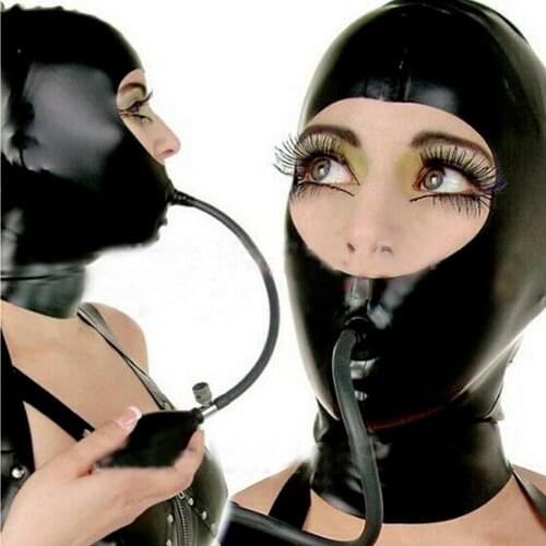 Open Face Latex Hoods with Inflatable Mouth Plug Forced Open Mouth Rubber Mask adult toy sex toys for couples