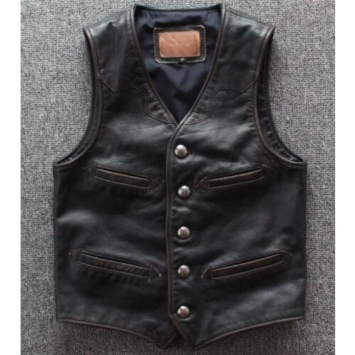 Genuine Men Cowhide Vest Motorcycle Biker Vests Mens Real Leather Vintage Casual Sleeveless Jackets Waistcoat