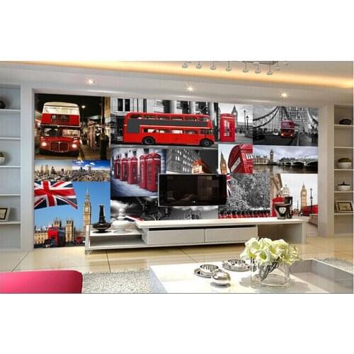 Custom retro wallpaper mural red London bus telephone booth for the living room TV wall vinyl wallpaper Papel de bedroom parede
