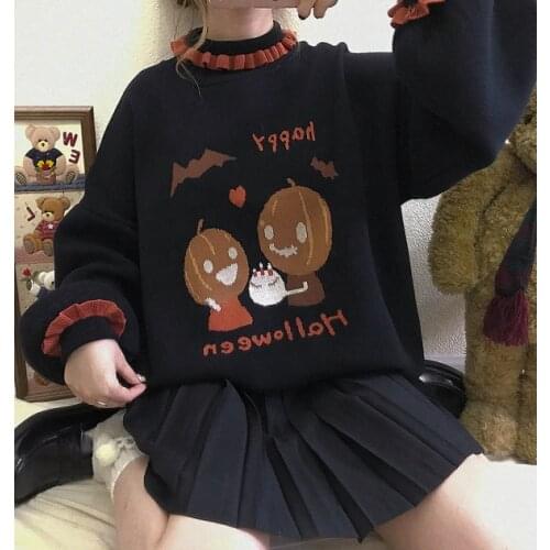 Japanese New Girls Pumpkin Birthday Party Halloween Cute Lace Lazy Wind Loose Lantern Sleeve Sweater Student Tops Harajuku Mori