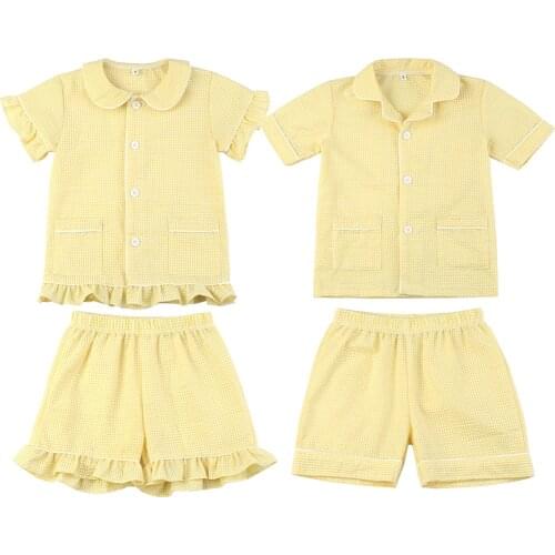 100% Cotton Seersucker Pajama Sets Two Pieces Summer Girls Pijamas Striped Pink Pyjamas Kids Girl Boys Sets