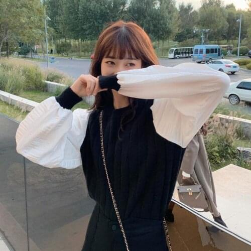 Sandy Lamb "patchwork Art Gallery with French Girl Feeling Hubble-bubble Sleeve Splice Shirt Dress