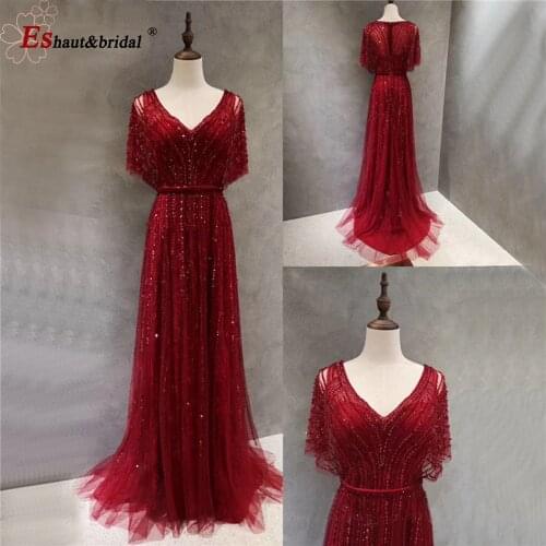 Dubai Burgundy Luxury Mermaid Evening Dress for Women 2021 Half Sleeves Beading Crystal Formal Party Gowns