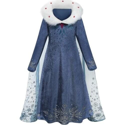Christmas Elsa Anna Performance Princess Dress with Clock Halloween Fur Collar Style Aisha Costume for Autumn Winter