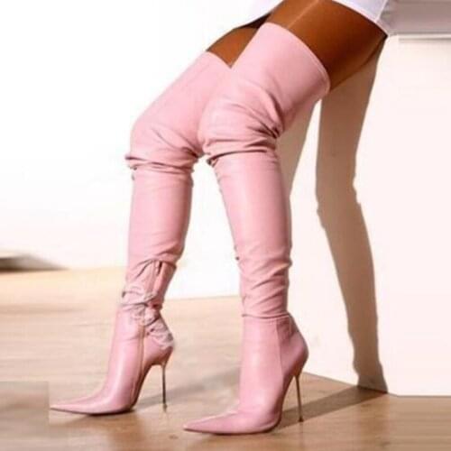 Hot Selling Stiletto Heels Thigh High Boots Pointed Toe Top Leather Metal Heels Over The Knee Boots Women Winter Long Boots Pink