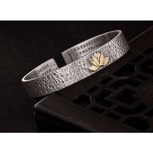 Silver Bracelet Heart Sutra lotus retro Bracelet make old s999 Sterling Silver personalized matte open Bracelet Gift