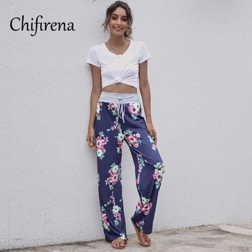 Chifirena Draw String Tie Dye Print Camouflage High Waist Pants Loose Bandage Trousers Casual Beach Holiday Home wear Pants 2021