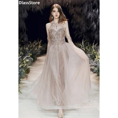 Light Champagne Prom Dress Sleeveless 2020 Beading Sequin Illusion A-line Floor Length Backless Evening Dress вечерние платья
