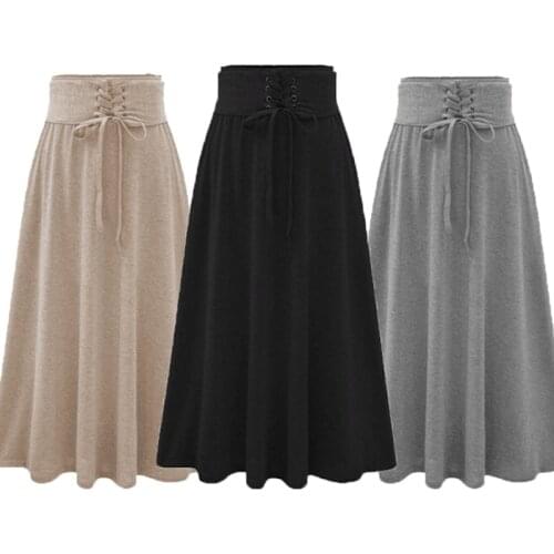 High Waist Bandage Pleated Long Skirts Womens Elastic Waist Plus Size A-line Skirts Hip Slim Long Loose Cotton Skirts