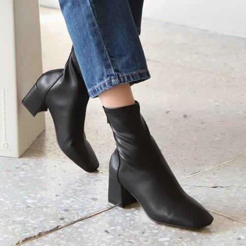 3 Colors Women Leather Boots Fashion High Heels Shoes Winter 2020 Ankle Boots Square Head Female Shoes Heels Size 33-42