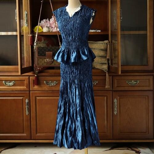 Classic Pleated art blue fashion temperament suit female black two piece set women skirt 2021 summer long skirts women