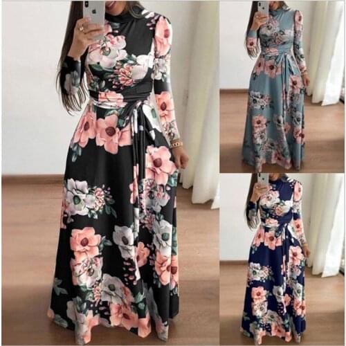 Oversize Womens Summer Super Long Dress 2021 Leisure Long Sleeve Flower Print Dress High Collar Bandage Fashion Temperament