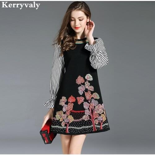 Ladies Striped Floral Embroidery Dress Vetement Femme 2021 Spring Long Sleeves Shirt Gothic Dress Tunique Femme Robe K6327