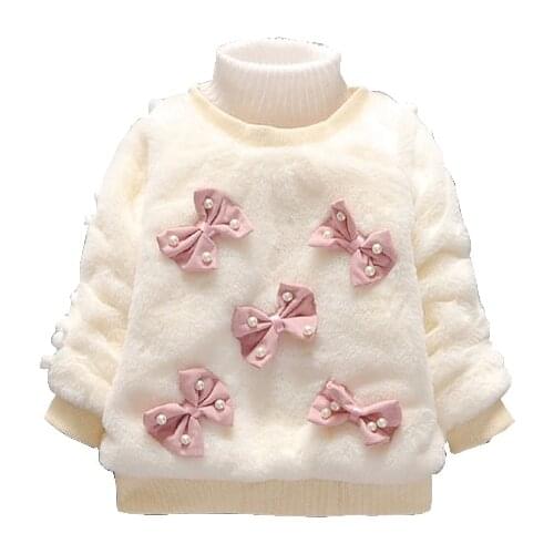 Winter baby girls five pearl butterfly knot thicking coat sweet bow Plus velvet T-shirt