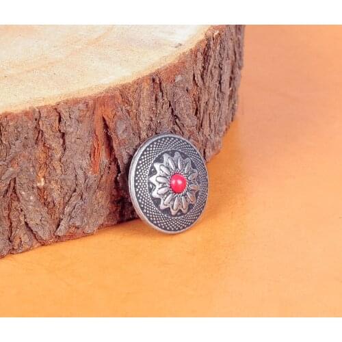 10PC 25X25MM Antique Silver Sun Flower RED Bead Floral Edge Screw Back Leather Craft Metal Studs Set Bag Wallet Decor