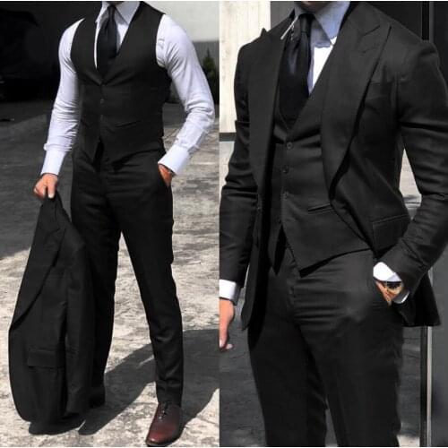 2021 Black Classic Men Suit 3 Pieces Tuxedo Peak Lapel Groomsmen Wedding Suits Set Fashion Men Business Blazer Jacket+Pants+Vest