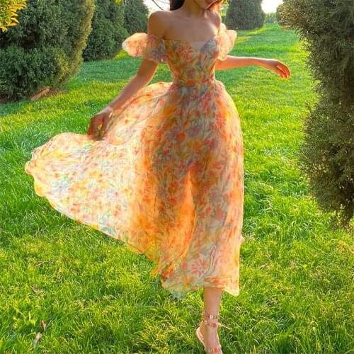 2021 Summer French Elegant Beach Sundresses for WomenCasual Midi Vintage Strap Dress Females Off Shoulder Korean Style Design