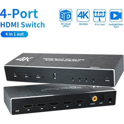 4x1 HDMI Switch 4K HDCP 2.2 Audio Sync 4 Port HDMI Switcher Splitter Support 1080P ARC/LPCM/Dolby/DTS 5.1 with IR Remote for PS4