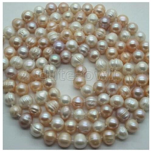 7-8MM LONG WHITE PINK PURPLE ROPE STYLE CULTURED FRESHWATER PEARL NECKLACE 48" Long sweater chain