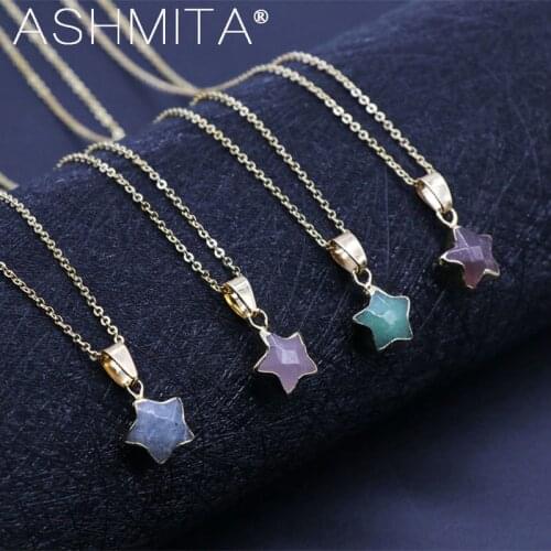 ASHMITA 2019 Pentagram star pink Crystal Druzy Chakra Nature Stone Gold Plating Geode Quartz Pendant Chain Necklace
