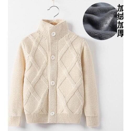 Childrens sweater Plush heavy coat boys' high collar cotton knitting single breasted cardigan sweater