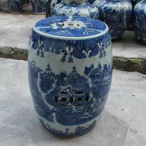 Ancient ceramic stool Jingdezhen Blue and white landscape decorative garden stool for home