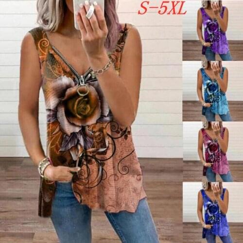 Womens Sexy V-neck Sleeveless T Shirts with Zipper Rose Flower Print Multi Colors for Choice Casual Tee Shirt Femme
