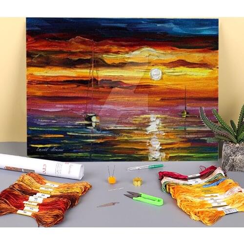 Oil Style Sunset Printed Water-Soluble Canvas 11CT Cross-Stitch Full Kit DIY Embroidery DMC Threads Stamped