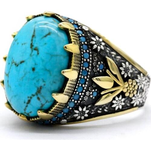 Classic Natural Turquoise Ring Vintage 925 Silver Mens Rings Gold Plated Prong Setting AAA Zircon Stone Wedding Bands Jewelry