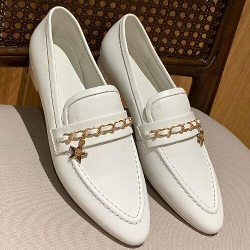 Womens genuine leather pointed toe slip-on flats loafers leisure soft comfortable moccasins chain decoration casual shoes women