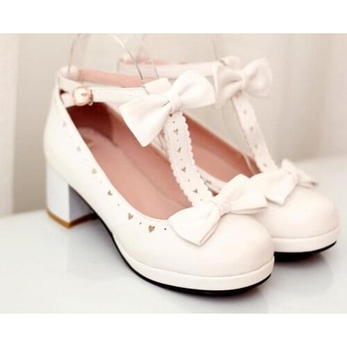 Sweet Lolita Shoes White Chunky Heel Square Toe Bows PU Lolita Pump Shoes